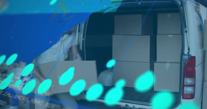 Delivery worker returning to cargo van and retrieving boxes with animated metrics flowing in dock