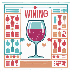 Wine glass with "Wining" text and surrounding illustrations, vintage design, vector