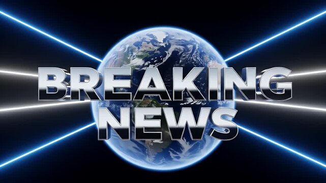 Breaking News Broadcast Graphic Over Earth Globe with Shiny Text and Bright Blue Lines in Dark Background
