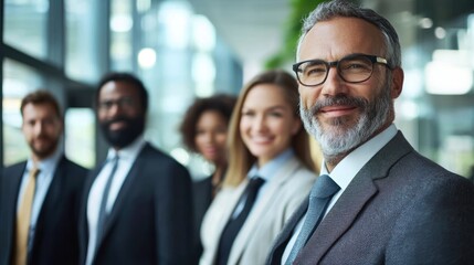 A diverse group of business professionals standing in a modern office setting.