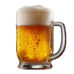 High-resolution close-up of a chilled amber beer in a classic glass mug with a frothy head and visible condensation, isolated