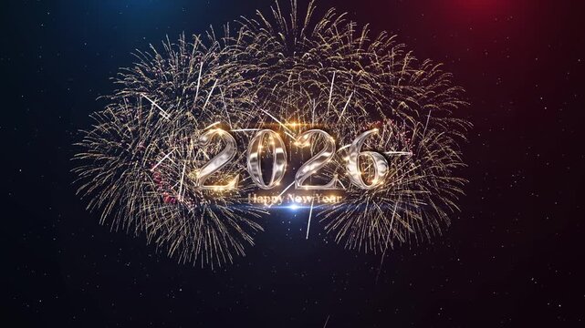 2026 Happy New Year golden text shine light animation Celebration. Beautiful glow bokeh firework cinematic festive title abstract background. New year title intro festival New Year s greeting firework