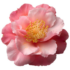 High-resolution close-up of a soft pink camellia/peony flower with layered petals and yellow stamens, isolated