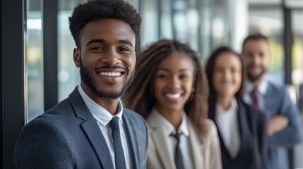 A diverse group of business professionals standing in a modern office setting.