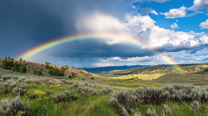 Majestic Rainbow Arcing Over Serene Landscape