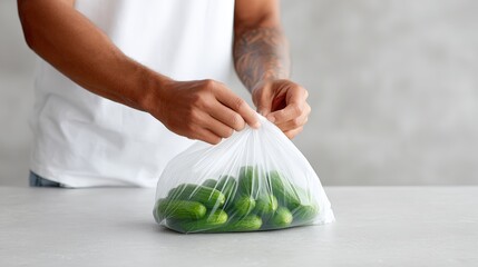 Male individual with tattoos is holding a transparent bag filled with fresh cucumbers, showcasing a healthy lifestyle and vibrant produce in a modern kitchen setting