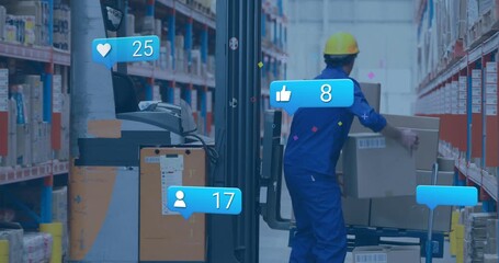 Warehouse worker pushing hand cart into aisle and activating floating icons tracking box moves - Powered by Adobe