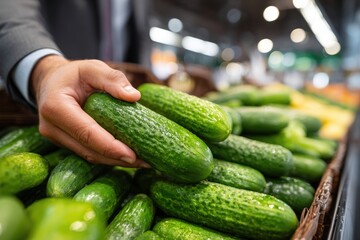 Hand of a man in a suit selecting fresh cucumbers from a display in a grocery store, showcasing vibrant green produce and healthy lifestyle choices