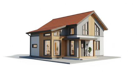 Modern Two-Story Family House with Red Tile Roof and Lush Green Lawn in a Bright Studio