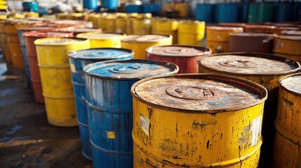 A row of colorful barrels in a warehouse setting.
