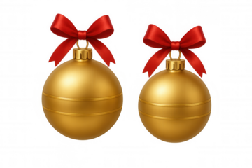 Two golden christmas ornaments adorned with red bows, ready for festive holiday decoration, with a transparent background