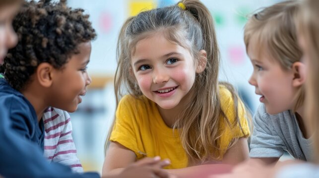 A young girl with a ponytail smiling at a group of children in a classroom setting.
