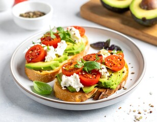 Avocado toast with cherry tomatoes, feta, and herbs
