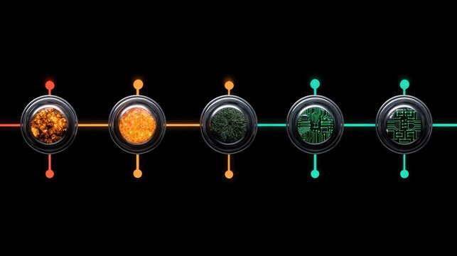 Colorful array of diverse objects representing different stages in an artificial intelligence product roadmap journey