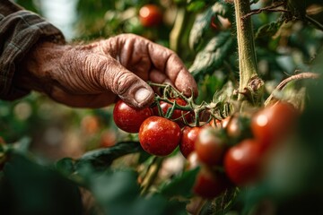Close-up of a weathered hand gently harvesting ripe tomatoes from a lush green vine in a vibrant garden, showcasing the beauty of organic farming and sustainable agriculture