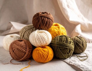 "Artistic arrangement of handmade yarn balls and skeins in earthy tones (brown, beige, olive) mixed with bright pops of color, placed on a linen cloth for rustic craft style.
