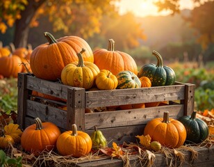 Wooden crate with pumpkins and squashes harvest