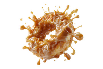 Caramel glazed donut floating in the air with splashes isolated on transparent background