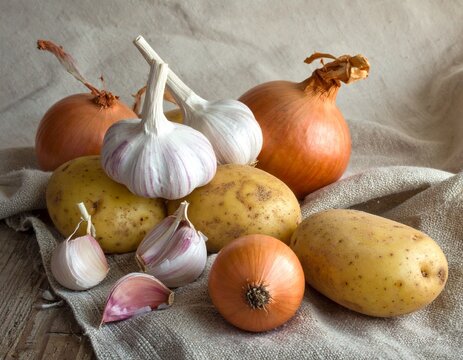 Rustic harvest still life with garlic onion potato