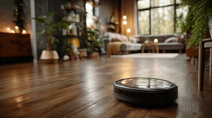 Blurred motion of robotic vacuum starting up in corner, silently syncing route via internet-connected app in smart home setup without screen interface or direct human presence