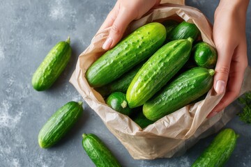 Fresh green cucumbers being held in hands from a paper bag, surrounded by additional cucumbers on a textured gray surface, showcasing vibrant produce and healthy eating