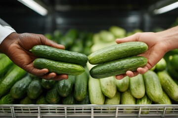 Two hands, one dark-skinned and one light-skinned, holding fresh cucumbers in a grocery store, surrounded by a vibrant display of green vegetables, showcasing healthy food choices