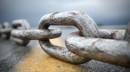 Fototapeta premium Chain representing blockchain growth on a road symbolizing progress and development in technology and innovation