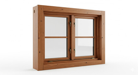 Classic Wooden Window Frame with Clear Glass on Isolated transparent background