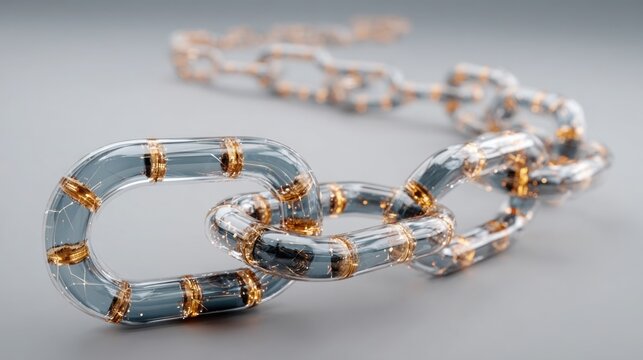 Chain of colorful glass beads representing blockchain implementation path and creative journey towards progress