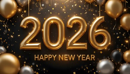 Shiney luxurious Golden 2026 Happy New Year metallic Balloons With Confetti And Sparkles On Black Background