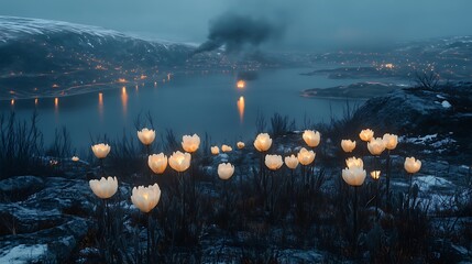 Fantastical Night Landscape: Glowing White Tulip-Like Flowers in Foreground, Dark Blue Water Reflecting Shore Lights & Ominous Black Smoke