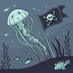 Obraz premium Vector art of a delightful cartoon illustration showcases a jellyfish pirate, complete with a pirate flag, set against an underwater backdrop of fish and coral