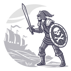 Vector art of a pirate with a sword and shield with a skull and crossbones is standing on a hill with pirate ships in the background