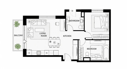Detailed architectural floor plan blueprint of a modern one-bedroom apartment layout with living room, kitchen, and bathroom, isolated on a transparent background.