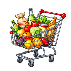 Shopping cart full of groceries isolated on transparent background