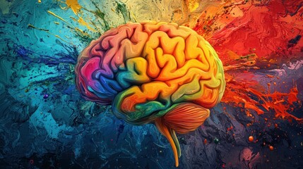 A colorful, abstract brain illustration with a vibrant, colorful background.