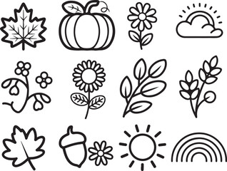Nature Outline Icon Collection Featuring Flowers Leaves Pumpkin and Cloud Elements in Simple Line Art