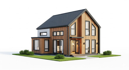 Elegant modern family house with dark gray and natural wood exterior, featuring large windows and green lawn, isolated on a bright transparent background.
