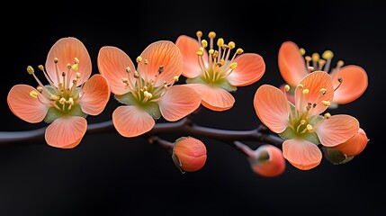 Cluster of Pink-Orange Flowers on Thin Dark Branches: Highlighted Against a Dark, Almost Black Background, with Delicate Petals & Yellow Stamens