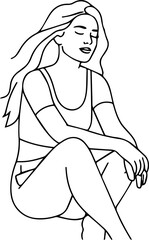 Black and white line art of a beautiful woman relaxing by the beach minimalist peaceful illustration