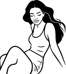 Black and white line art of a beautiful woman relaxing by the beach minimalist peaceful illustration