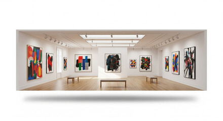 Modern Art Gallery Interior with Colorful Abstract Paintings and Wooden Benches