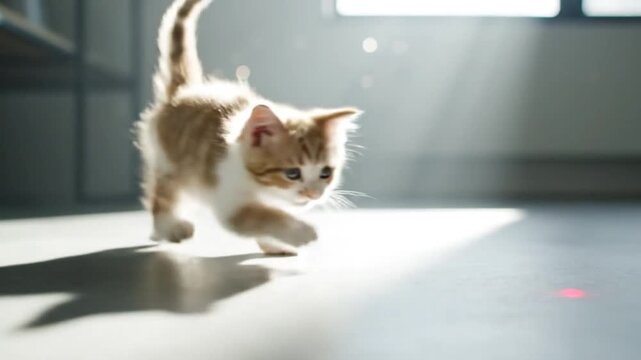 モダンミニマル空間で遊ぶ子猫とレーザーポインター