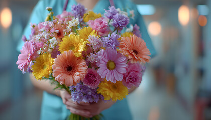 Female doctor in scrubs holding flowers, set in a hospital, commemorating National Nurses Day and healthcare contributions