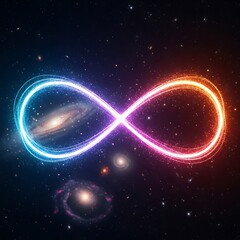 An infinity symbol glows with vibrant colors against a backdrop of cosmic nebulae, showcasing a captivating visual representation of endlessness in the vastness of space.