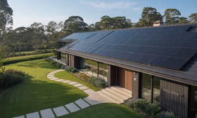 Obraz premium Modern home with solar panels on the roof, nestled in a landscaped garden