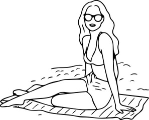 Black and white line art of a beautiful woman relaxing by the beach minimalist peaceful illustration
