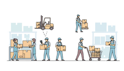 Warehouse workers handling boxes and using a forklift in a warehouse setting.