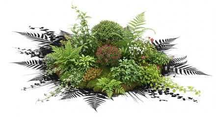 Lush Green Plants and Ferns Arrangement with Moss on Isolated transparent background