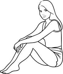Black and white line art of a beautiful woman relaxing by the beach minimalist peaceful illustration